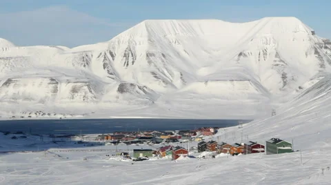 Longyearbyen, Svalbard. The small town is surrounded by mountains. Stock Footage 61710090