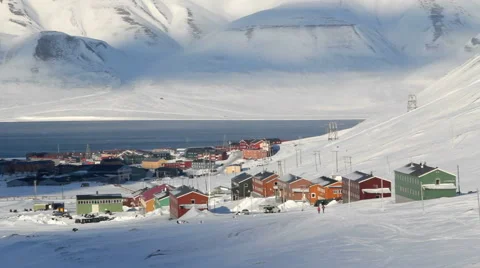 Longyearbyen, Svalbard. The small town is surrounded by mountains. Video stock 61710137