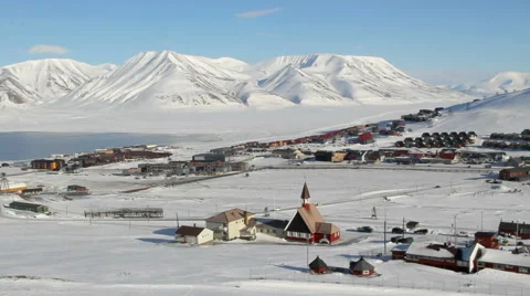 Longyearbyen, Svalbard. The small town is surrounded by mountains. Stock Footage 61710160