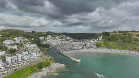 LOOE over River Looe from a drone, Cornwall, England Stock Footage 341636934
