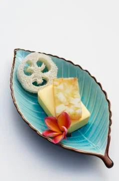 Loofa and handmade soaps Stock Photos