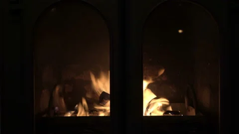 A look at the beautiful fire inside the fireplace behind the glass doors. Video stock 124121637
