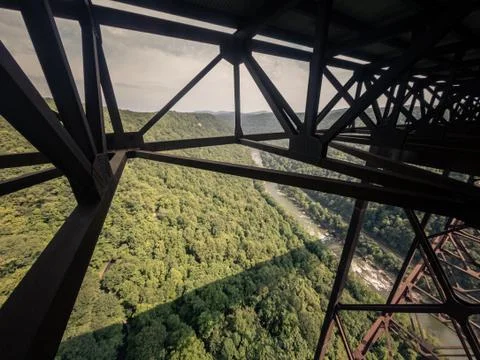 Look down to river from inside of West Virginia Gerge steel Bridge, usa Stock Photos
