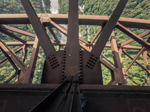 Look down to river from inside of West Virginia Gerge steel Bridge, usa Stock Photos