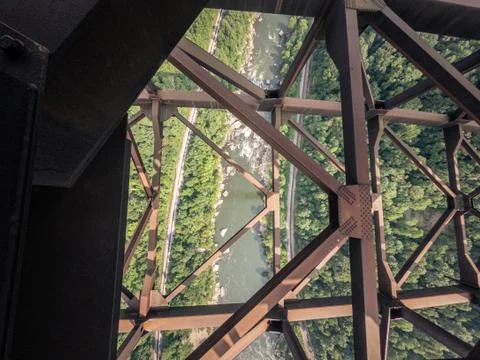 Look down to river from inside of West Virginia Gerge steel Bridge, usa Stock Photos