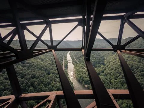 Look down to river from inside of West Virginia Gerge steel Bridge, usa Stock Photos