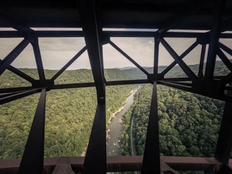 Look down to river from inside of West Virginia Gerge steel Bridge, usa Stock Photos