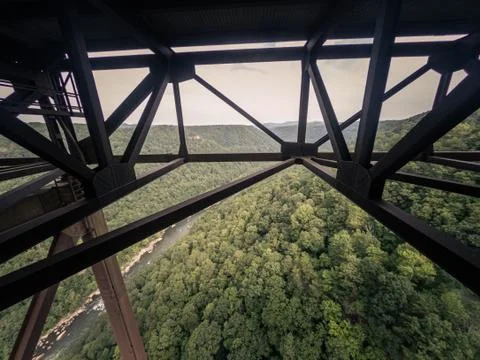 Look down to river from inside of West Virginia Gerge steel Bridge, usa Stock Photos