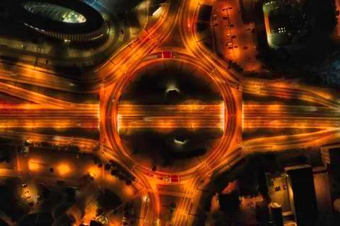 Look down on round about at night in Vilnius, Lithuania, taken in May 2019 Stock Photos