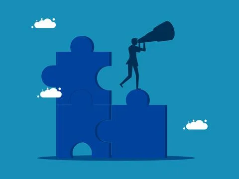 Look for a final solution to the problem. man searching for the last missin.. Illustrazione stock