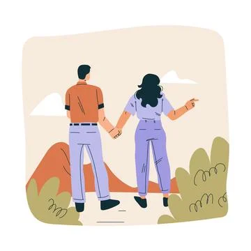 Look to Future with Couple Man and Woman Character Walking Hold Hand View Ilustração Stock