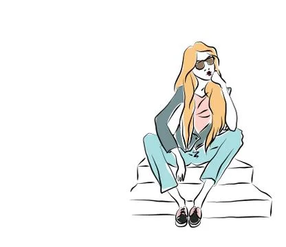 Look girl vector background sit street isolated Stock Illustration