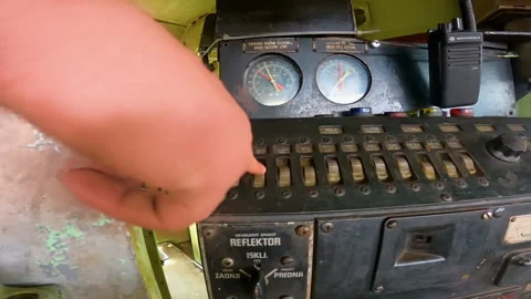 A look inside control cabin of diesel electric locomotive EMD G16. Stock Footage 237478124