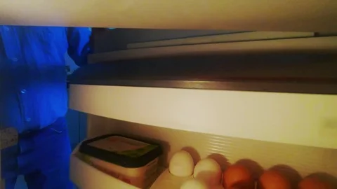 Look from inside or the fridge and man take 1 egg. Stock Footage 105150592
