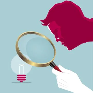 Look for meticulous ideas using a magnifying glass. Isolated on blue background. Stock Illustration