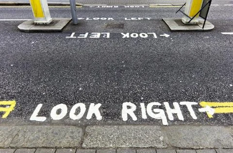 Look right warning Foto stock