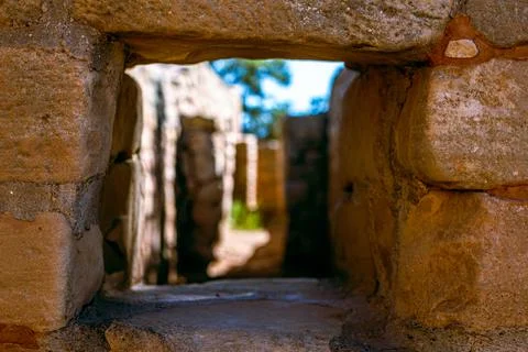 Look through stone window ancient ruins of temple walls in mesa verde nationa Stock Photos