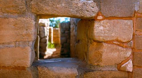 Look through stone window ancient ruins of temple walls in mesa verde nationa Stock Photos