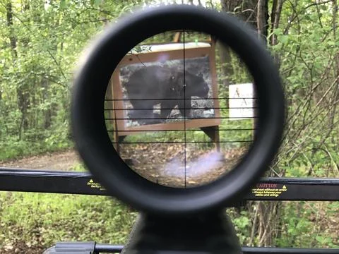 Look trough the scope from the crossbow Stock Photos
