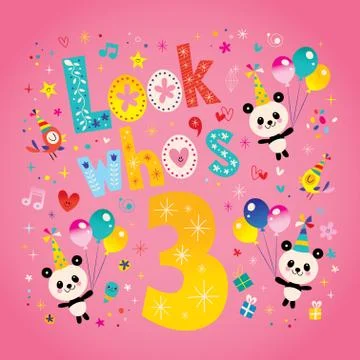 Look who's three - third birthday card with cute panda bears Stock-Illustration