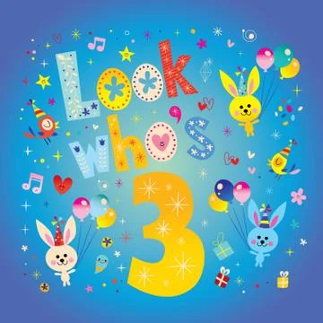 Look who's three - third birthday card with cute bunnies Ilustração Stock