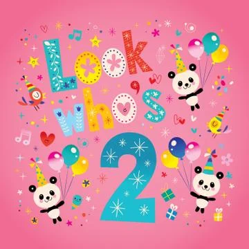 Look who's two - second birthday card with cute panda bears Stock Illustration