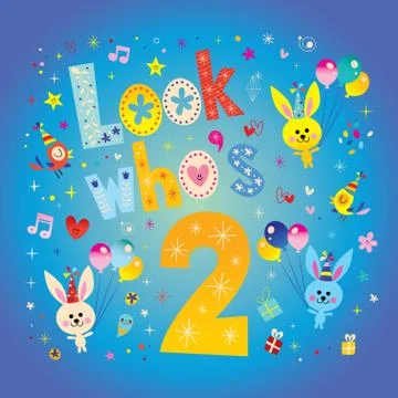 Look who's two - second birthday card with cute bunnies Stock Illustration