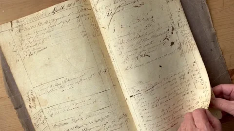 Looking at 19th century student workbook Stock Footage 223185844