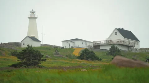 Looking across the shore grass toward the lighthouse tower at Cape Spear Stock Footage 284680568