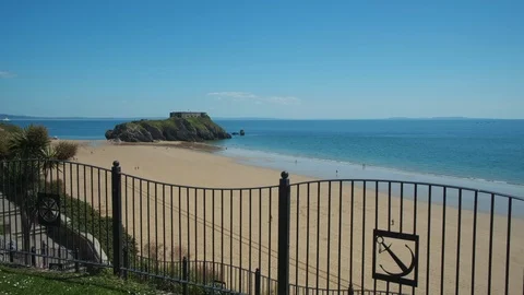 Looking across South Beach to St Catherine’s Island Tenby Pembrokeshire Wales Stock Footage 113673637