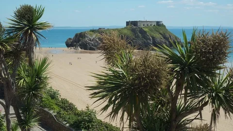 Looking across South Beach to St Catherine’s Island Tenby Stock Footage 113673840