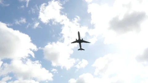 Looking Up at Airplane Taking off with Blue Skies Close Slow Motion Stock Footage 80243752