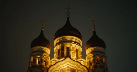 Looking Up at Alexander Nevsky Cathedral at Night - Tallinn, Estonia (4K) Stock Footage 101391684