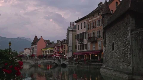 Looking along Le Thiou river in Annecy France at late evening Video stock 73145342