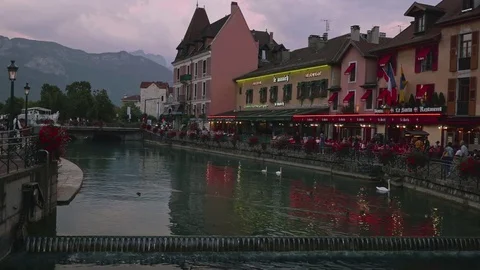 Looking along Le Thiou river in Annecy France at late evening Stock Footage 77206314