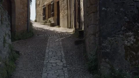 Looking along a narrow cobbled lane in Beynac et Cazenac, France Stock Footage 302471765