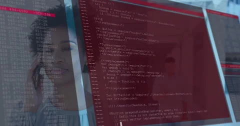 Looking at animation on computer screen, woman analyzing programming code in Stock Footage 303430688