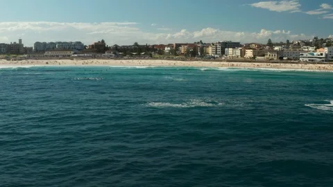 Looking back over Bondi Beach and the Bondi Beach Pavillion Stock Footage 102477358