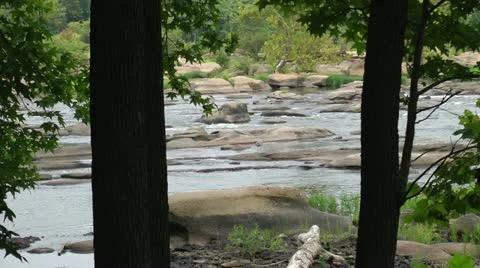 Looking from behind two trees at a beautiful river panorama - hd - 1920x1080 Stock Footage 11060071