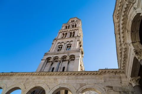 Looking up at the bell tower of St Domnius cathedral Stock Photos