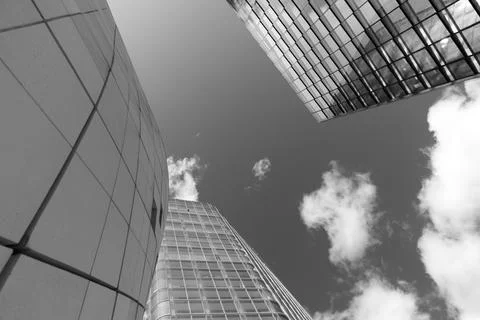 Looking Up Between Skyscrapers, Black &amp; White 库存照片