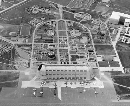 Looking beyond Hangar One toward Shenandoah Plaza (parade ground) Copyrigh... Stock Photos