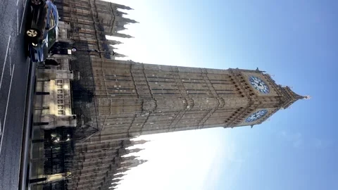 Looking up at the Big Ben clock tower and Houses of Parliament in London on a Stock-Footage 328927028