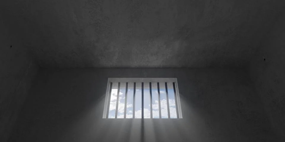 Looking up to blue sky from prison cell or gaol through window with metal b.. Stock Illustration