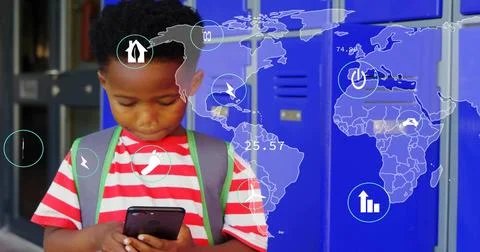 Looking boy in red tee scrolling phone at school lockers, map overlay, backpack Stockfoto's