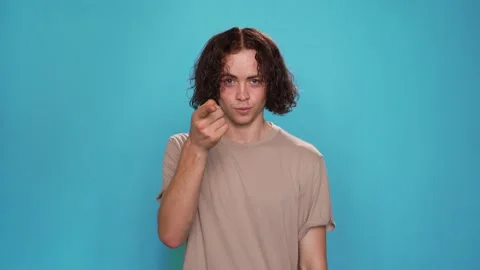 Looking To Camera And Showing With Deaf-Mute Sign " We Glad to see u" Stock Footage 157892190