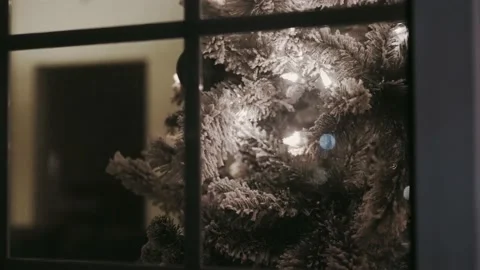 Looking in on a close up of a Christmas tree from outside the window of a Stock Footage 226146567