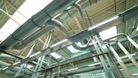 Looking up at complex industrial ventilation system pipes and ducts on fact.. Stock Footage 337469621