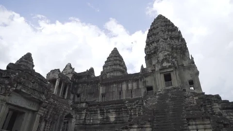 Looking up at the details in the stonework of the central shrine of Angkor Stock Footage 109121400