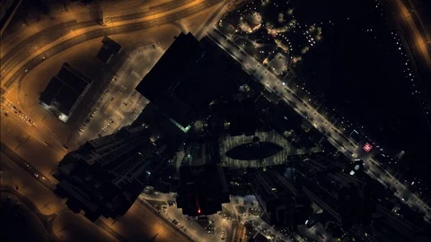 Looking directly down at Business Bay from 300m, night. Stock Footage 98982675